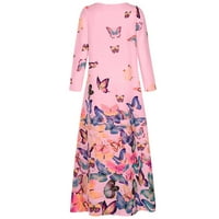 Ženske haljine - Fit & Flare Elegantne tanke haljine od plaže od tiskanih dugih rukava V izrez Midi haljina ružičasta 4