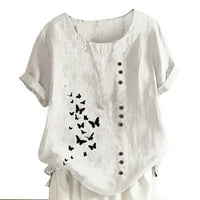 Ženske pamučne line Plus veličine majica kratkih rukava okrugli izrez Tees labav tunika Butterfly Print bluza Trendsetting Thirts White l