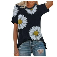IOPQO T majice za žene Žene Ljetne vrhove O-izrez Daisy Ispis kratkih rukava Majice Grafička bluza Ženske vrhove