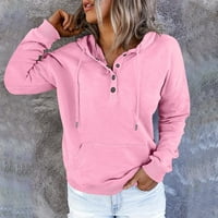Duks za žene s dugim rukavima V izrez čvrsti vrhovi džepni kapuljač Dugme casual majice Bluza ružičasta m