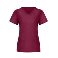 Vivianyo HD ženski ljetni vrhovi na čišćenju Ženski kratki rukav V-izrez V-izrez Radna uniforma Čvrsta džepna bluza Posebne ponude crvene
