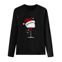 Holiday Pulover Fallshirts za žene V-izrez Pulover Božićna odjeća udobna casual labava majica dugih rukava LADY CRVENO vino staklo Santa šešir grafičke majice crna l