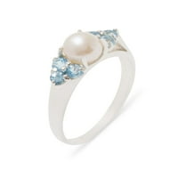 British napravio 9k bijeli zlatni kultivirani biser i plavi Topaz ženski klasterski prsten - veličine opcije - veličine 8,75