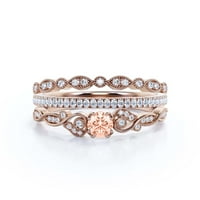 Vintage Look Boho & Hippie 1. Karat Round Cut morgatit i dijamantski morska zaručnički prsten, vjenčani prsten u srebru sa 18k ružičastog zlata, obećanje, trio set, podudaranje