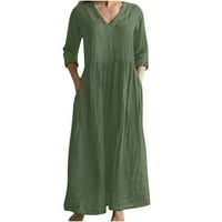 Plus veličina haljina modna ženska proljetna ljetna V-izrez rukava pamučna posteljina vojska zelena