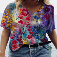 Majice za žene Casual V izrez Cvijet Print Kratki rukav Želje