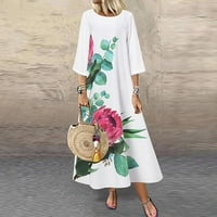 Ženske haljine okrugli dekolte cvjetni haljina s rukavima A-line haljine bijela 2xl