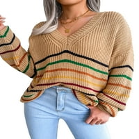 Springttc Žene Rainbow Stripe V džemper s dugim rukavima, puloverske puloveče