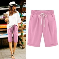 Tking Fashion ženske hlače Ležerne prilike labave plaže hlače od pune boje labave, ležerne u petim hlačama džepovi posteljine za žene ružičaste 4xl