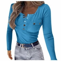 Ženski vrhovi Henley Solid Color Bluse Casual ženske majice Ljeto s dugim rukavima Blue XL