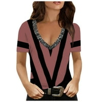 Bazyrey Womens V-izrez Ženska kratka rukava Striped bluza Modni tunični košulje Ružičasta 4xL