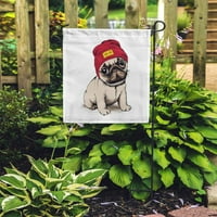 Smeđa tužna psića pug u hipsteru šešir, crtanje vrtne zastave Dekorativne zastave Baner kuće