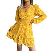 Hanerdun ženska cvjetna V-retka A-line haljina, lisnata dugih rukava, mini haljina, žuta m