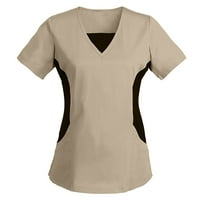 Umfun ženske pilinge vrhovi kratkih rukava V-izrez V-izrez Radna uniforma puna boja Patchwork Secket Sense Tops bluza Khaki