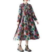 Arealer Women Labava haljina s džepnim cvjetnim printom za crtanje dugih rukava od struka vintage proljeće haljina za odmor