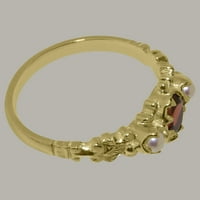 Britanci napravio je 9k žuto zlato Real Prirodni Garnet & Cultired Pearl Womens Ring - Veličine Opcije - Veličina 8