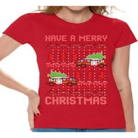 Awkward Styles Božićna vatrogasna majica za žene vatrogasna ružna božićna majica smiješni Xmas pokloni za vatrogasno vozilo za vatrogasno vozilo povučeno od strane jelena majica za žene