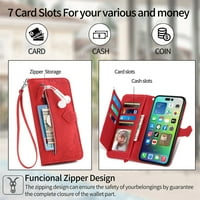 Za iPhone Mini, iPhone Mini novčanik futrola za žene muškarci, izdržljive reljefne PU kožne magnetske kamenske trake za zatvaranje telefona sa ručnim kaišem, crvenom bojom