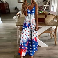Samickarr Ljeto ušteda ljetne haljine za žene Dan nezavisnosti Žene Modni remen Srednji struk V-izrez bez rukava Stripe Slim Beach Duga haljina