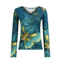 Floleo ženske vrhove košulje s dugim rukavima seksi vitka čipkasti boging casual tiskanje V-izrez bluze za jesenje zimskih ponuda