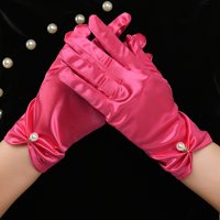 Par retro glatke satenske rukavice za mladenke Fau Pearls Decor urasline manžete čvrste boje vintage vjenčane rukavice-jedna veličina, ruža crvena