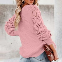 Ženski džemper vrhovi - dugih rukava za posadu pulover pletene čvrstog leazure Elegantne modne labave pletene vrhove puffne rukave ružičaste