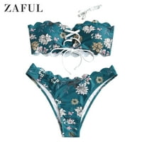 za žene cvjetni čipkani čipkani bandeau bikini kupaći kostim paunu plave s