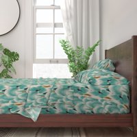 pamučni listovi, puni set - zelena plava teal japanski apstraktni aqua shibori mrlje Ispisuju posteljinu posteljinu od strane kašičice