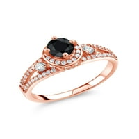 Gem Stone King 1. CT okrugli crni safir 18K ružičasti pozlaćeni srebrni prsten