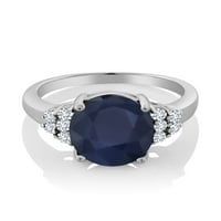 Gem Stone King 6. CT ovalni plavi safirni bijeli dijamantski srebrni prsten