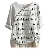 Chueoow ženske vrhove O-izrez Casual Cat Print Chort Clught labav majica Top bluzu
