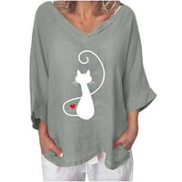 Slatka mačja uzorak Ispis ženske rukave pamučne majice Trendy V izrez grafički pulover labav redovan fit ugodne majice vrhovi Grey M