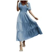 Wycnly Formalne haljine za žene kratki rukav V-izrez Solid Ljeto Maxi haljine Carstveni struk dolje Flowy Swing Boho haljina Plava L