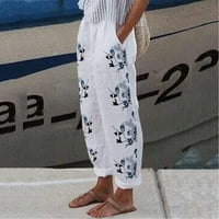 Tking modne ženske ljetne posteljine povremene ležerne labave elastične struke print pantalone s džepovima sive m