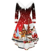 Owordtank božićne haljine za žene dugih rukava nejasno crvena haljina stabla snjegovića za snjegović tisak Flowy Midi haljina