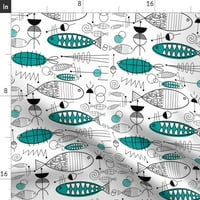 Pamuk Saten Stolcloth, 70 Round - Mid Stoljet riba umjetnost Moderni apstraktni ribolov teal retro vintage mod aqua metvica morski život okeanski životinjski ispisuje posteljinu od kašike