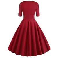 Ljetne haljine za žene V-izrez modni čvrsti srednji duljinski haljina s kratkim rukavima Crveni XL