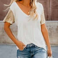 USMIXI ženske majice V-izrez kratki rukav od punog ljeta Slatka vrhova klupska moda Izlasci sekfin patchwork tuc bluze bijeli XXL klirens ispod 5 dolara