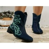 Daefulne žene čizme Chunky Heel Western Boot cvjetne kravlje čizme Udobne vintage cipele Ženske ne-klizne plave 6