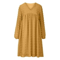 Ležerna haljina Prodaja čišćenja Ženska moda Jesen zimska čvrsta bluza V-izrez šifon haljina s dugim rukavima žuta