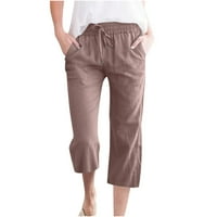 Žene casual posteljine pantalone udobne elastične struke kapri hlače ravno široke lounge hlače sa džepovima, smeđim, m