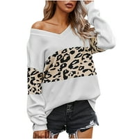 Pleteo labav džemper za žene s dugim rukavima V izrez Leopard pulover