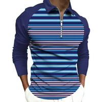 Muški polonski majica s dugim rukavima četvrt-zip natuvremeni prugasti blok za tisak Slim Fit Rever V izrez Osnovni dizajnirani pamučni golf atletičke košulje plavi xl