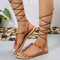 DMQupv masline sandale za žene pete šarene perle ukrasni klip nožni gležnjače ravne bosonožne sandale za žene vjenčani sandal bež 8