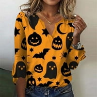 Bazyrey Halloween vrhovi za žene čišćenje gornjeg labavog ležernog ležernog dijela V-izrez Halloween ispisane bluze za majicu zvona narančasta 2xl