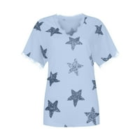 HHEI_K Žene Ljeto V-izrez Star Print kratkih rukava Čipka za patchwork T-majice Bluza za ogrjevljene majice za žene