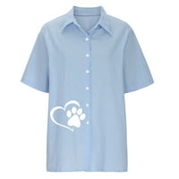 Odeerbi ljetne pamučne posteljine za žene Ležerne prilike Elegantna bluza Labavi gumb Ogrlica košulja Solid Print kratki rukav gornji plavi
