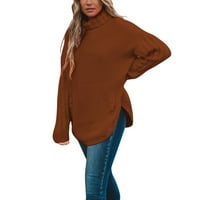 Kpoplk džemperi za žensku bluzu za vrat Labavi pulover Pleteni obični zimski topli džemperi Brown, L